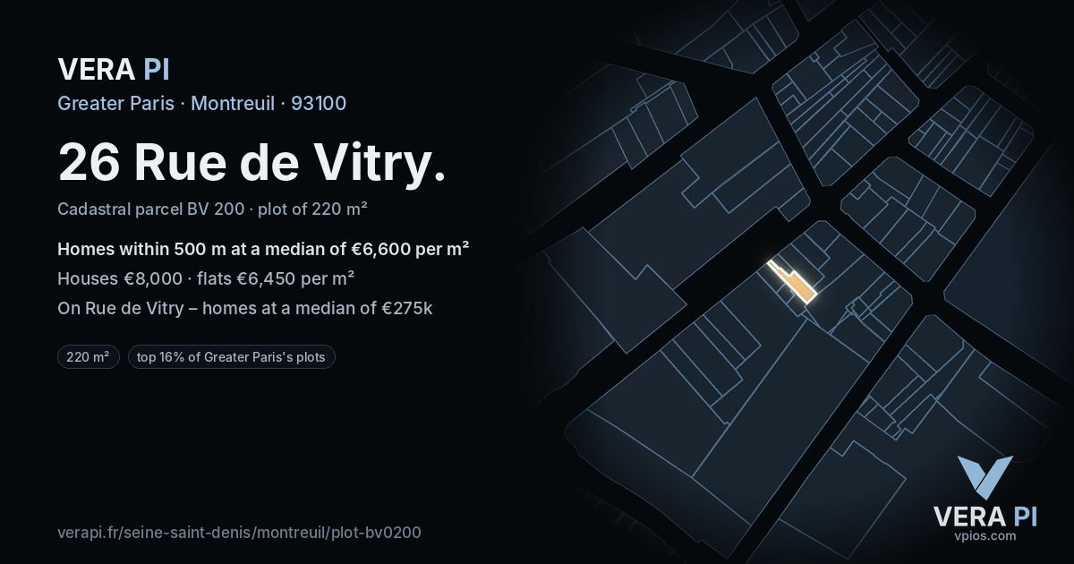 26 Rue de Vitry, Montreuil at night – the plot lit, the parcels around coloured by the prices near them
