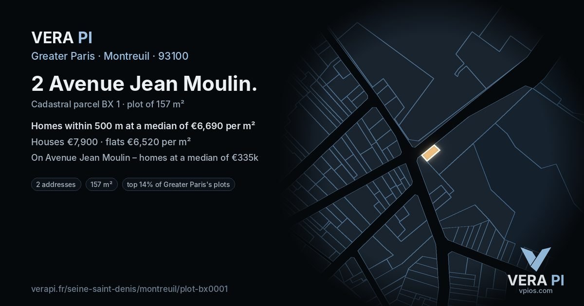 2 Avenue Jean Moulin, Montreuil at night – the plot lit, the parcels around coloured by the prices near them