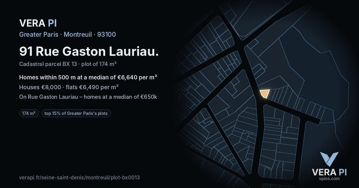 91 Rue Gaston Lauriau, Montreuil at night – the plot lit, the parcels around coloured by the prices near them