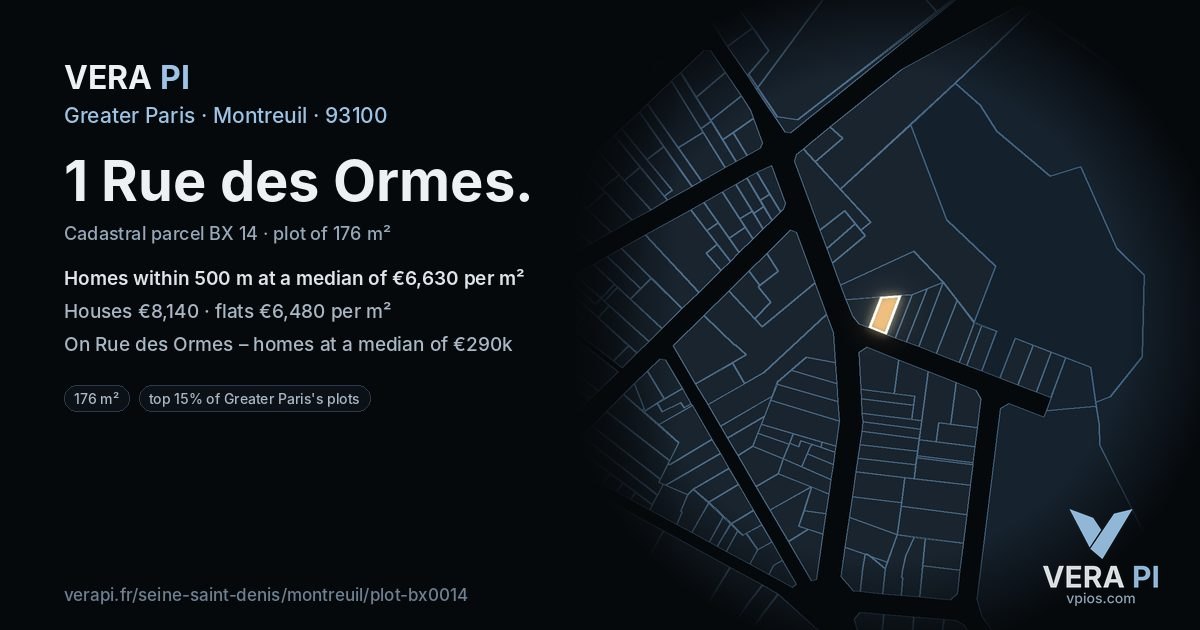 1 Rue des Ormes, Montreuil at night – the plot lit, the parcels around coloured by the prices near them