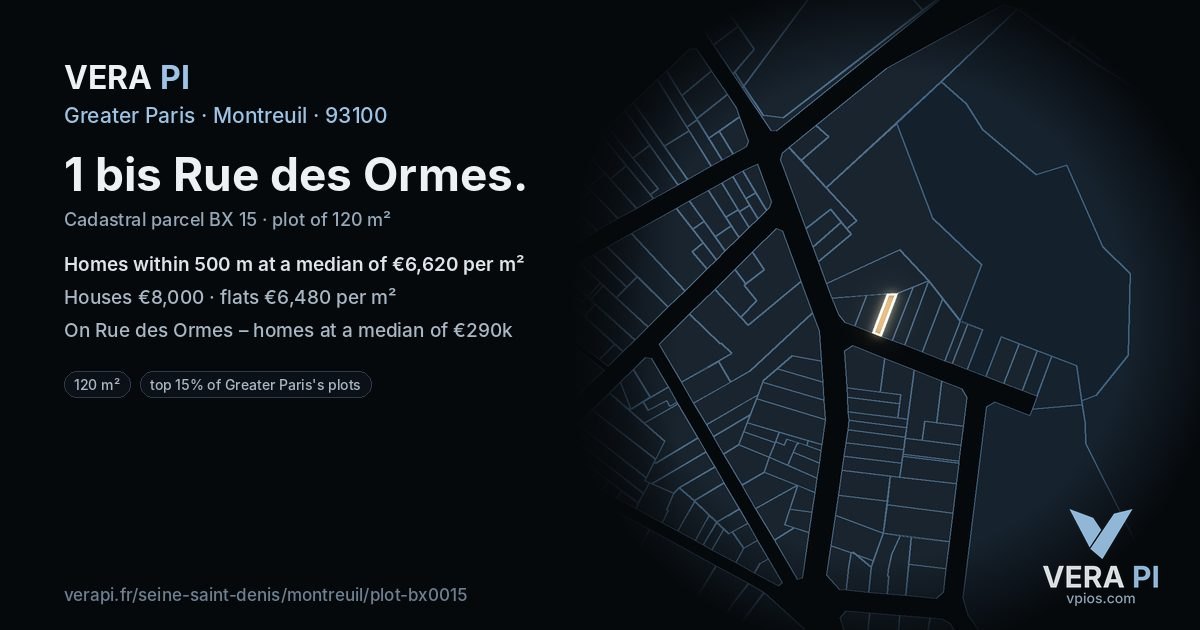 1 bis Rue des Ormes, Montreuil at night – the plot lit, the parcels around coloured by the prices near them