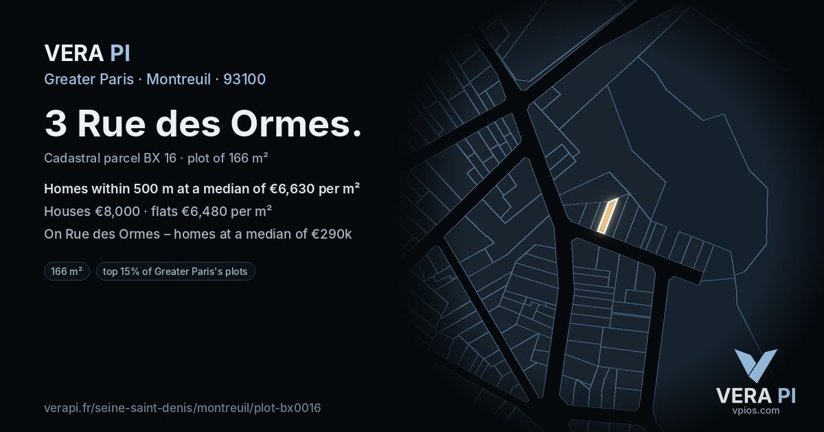 3 Rue des Ormes, Montreuil at night – the plot lit, the parcels around coloured by the prices near them