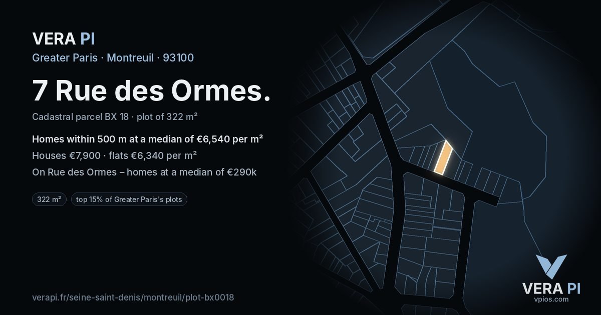 7 Rue des Ormes, Montreuil at night – the plot lit, the parcels around coloured by the prices near them