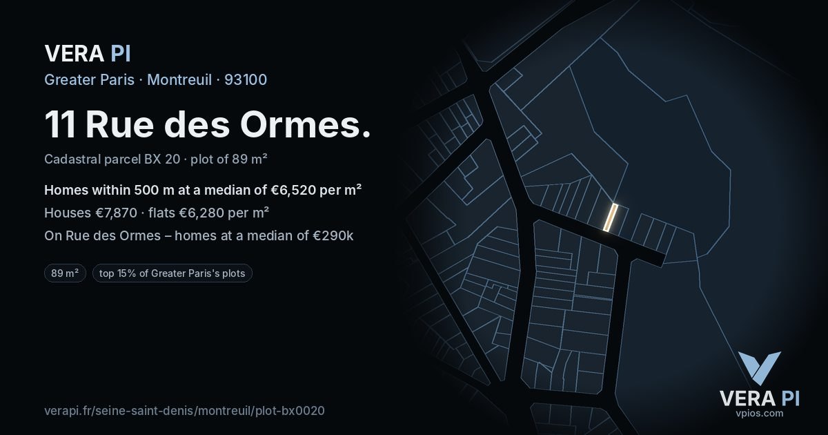 11 Rue des Ormes, Montreuil at night – the plot lit, the parcels around coloured by the prices near them
