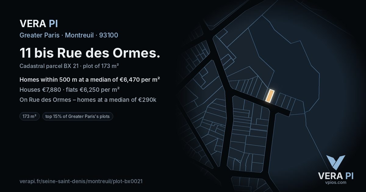 11 bis Rue des Ormes, Montreuil at night – the plot lit, the parcels around coloured by the prices near them