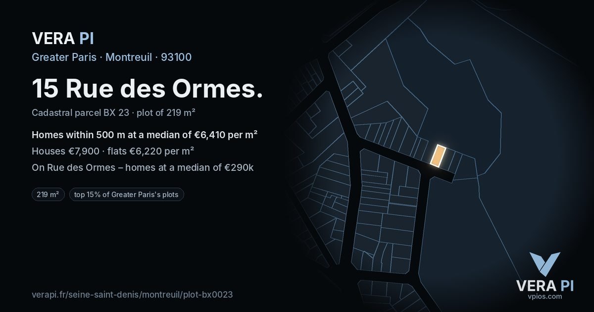 15 Rue des Ormes, Montreuil at night – the plot lit, the parcels around coloured by the prices near them