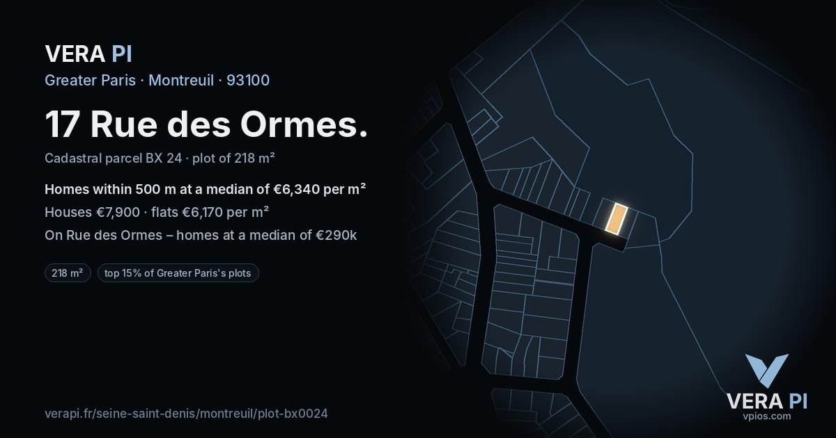 17 Rue des Ormes, Montreuil at night – the plot lit, the parcels around coloured by the prices near them