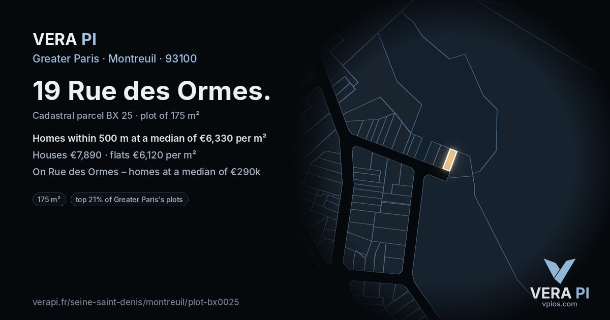 19 Rue des Ormes, Montreuil at night – the plot lit, the parcels around coloured by the prices near them