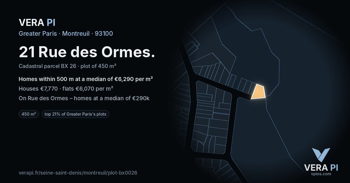 21 Rue des Ormes, Montreuil at night – the plot lit, the parcels around coloured by the prices near them
