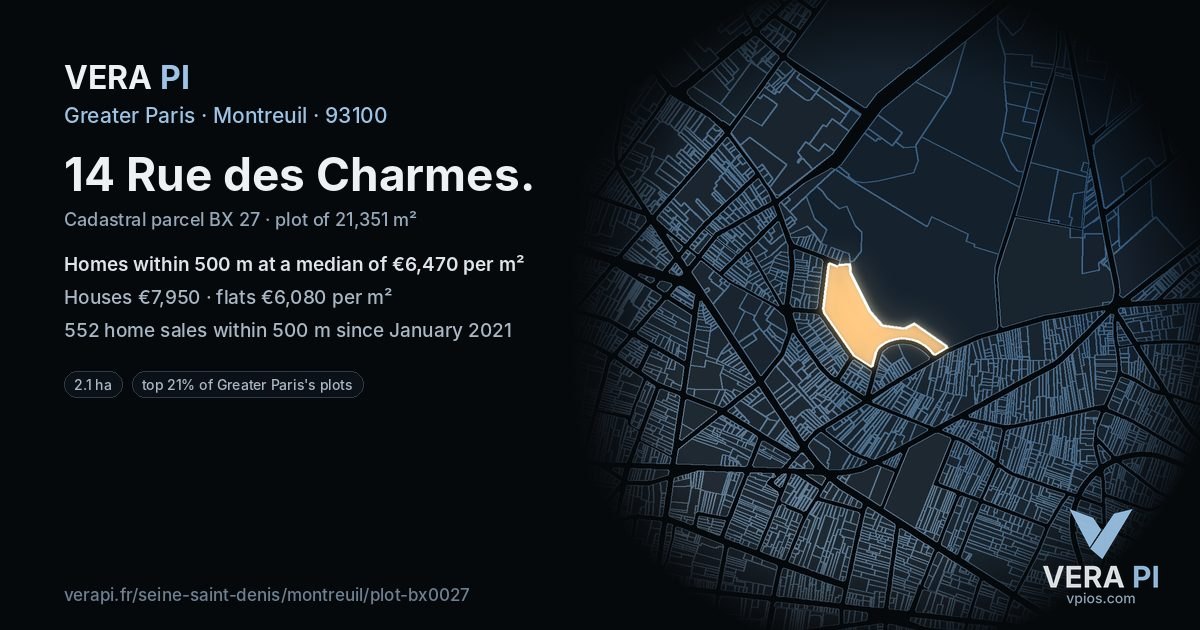 14 Rue des Charmes, Montreuil at night – the plot lit, the parcels around coloured by the prices near them
