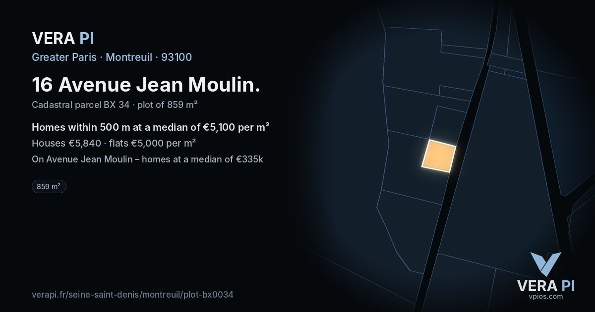 16 Avenue Jean Moulin, Montreuil at night – the plot lit, the parcels around coloured by the prices near them