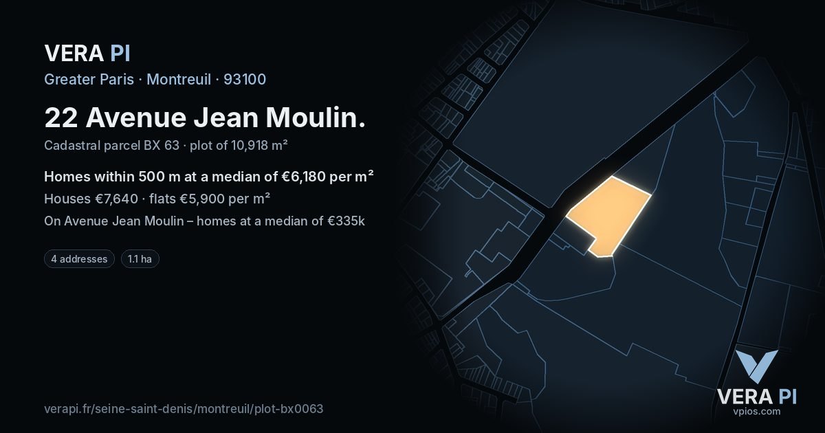 22 Avenue Jean Moulin, Montreuil at night – the plot lit, the parcels around coloured by the prices near them