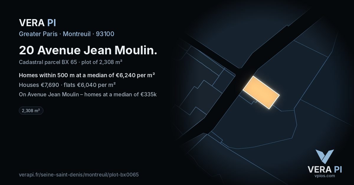 20 Avenue Jean Moulin, Montreuil at night – the plot lit, the parcels around coloured by the prices near them