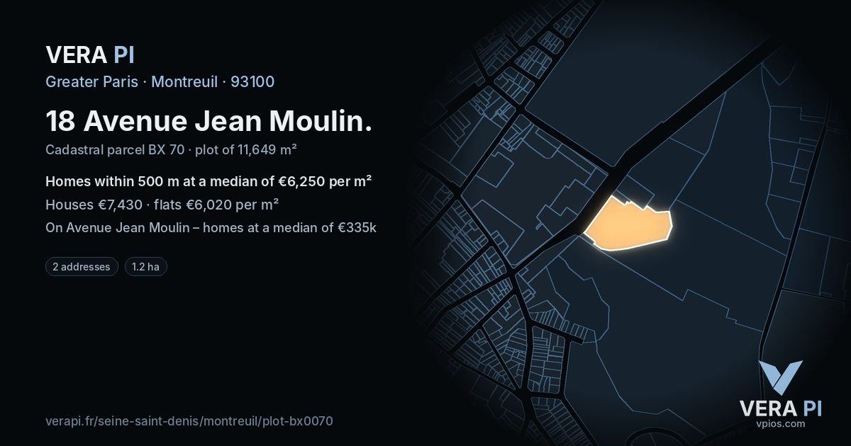 18 Avenue Jean Moulin, Montreuil at night – the plot lit, the parcels around coloured by the prices near them