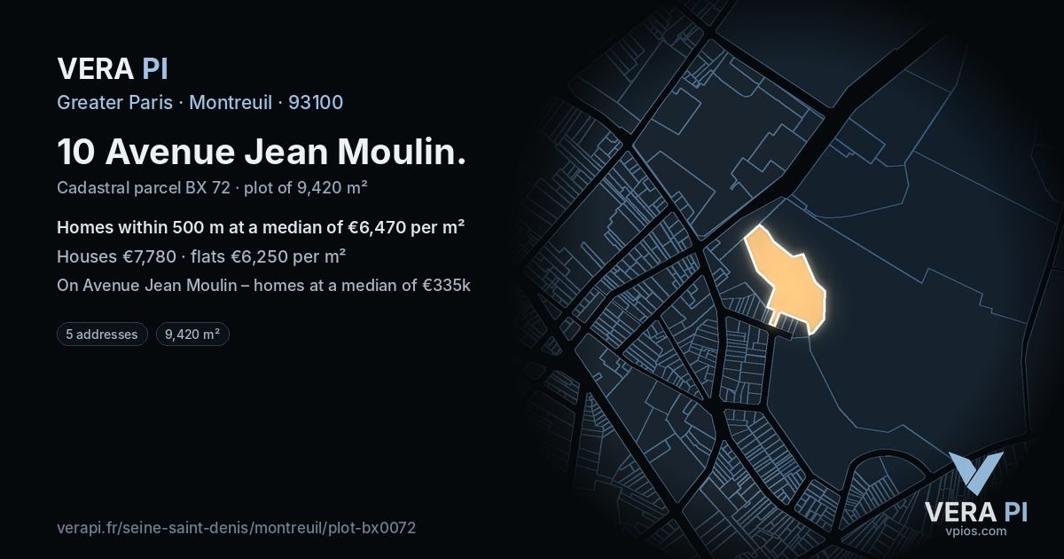 10 Avenue Jean Moulin, Montreuil at night – the plot lit, the parcels around coloured by the prices near them