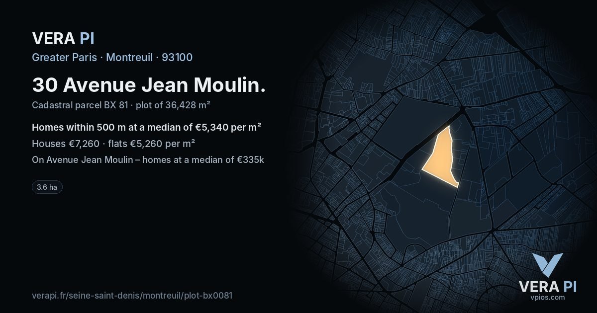 30 Avenue Jean Moulin, Montreuil at night – the plot lit, the parcels around coloured by the prices near them