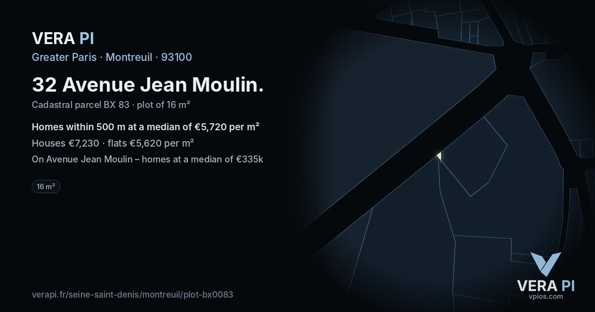 32 Avenue Jean Moulin, Montreuil at night – the plot lit, the parcels around coloured by the prices near them