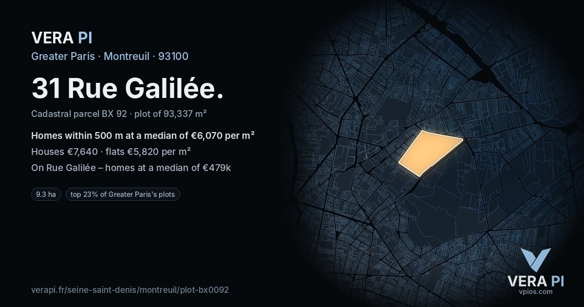 31 Rue Galilée, Montreuil at night – the plot lit, the parcels around coloured by the prices near them