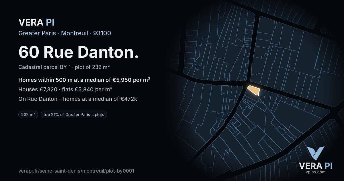 60 Rue Danton, Montreuil at night – the plot lit, the parcels around coloured by the prices near them