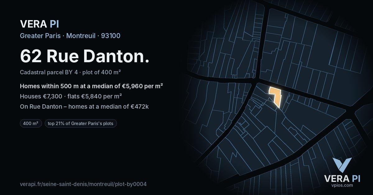 62 Rue Danton, Montreuil at night – the plot lit, the parcels around coloured by the prices near them