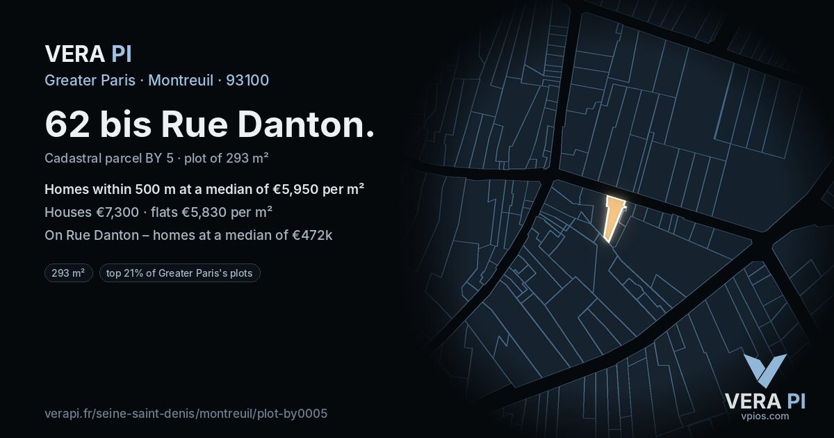 62 bis Rue Danton, Montreuil at night – the plot lit, the parcels around coloured by the prices near them