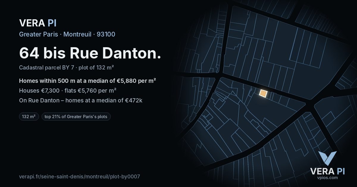 64 bis Rue Danton, Montreuil at night – the plot lit, the parcels around coloured by the prices near them
