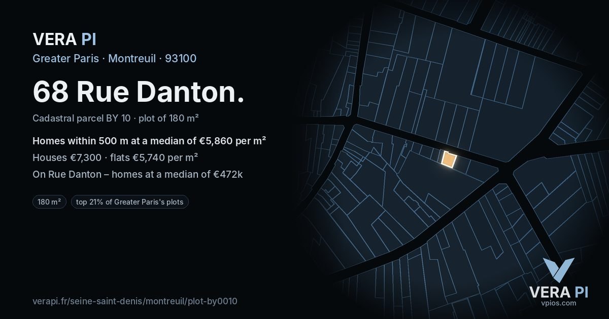 68 Rue Danton, Montreuil at night – the plot lit, the parcels around coloured by the prices near them