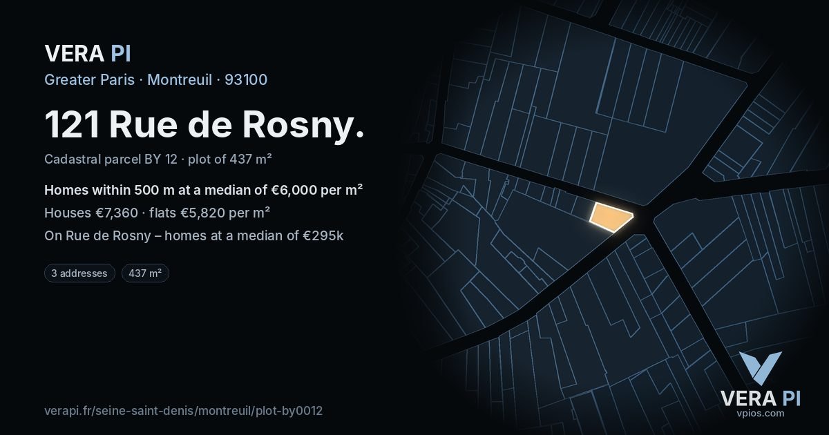 121 Rue de Rosny, Montreuil at night – the plot lit, the parcels around coloured by the prices near them