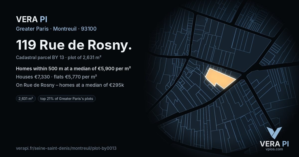 119 Rue de Rosny, Montreuil at night – the plot lit, the parcels around coloured by the prices near them