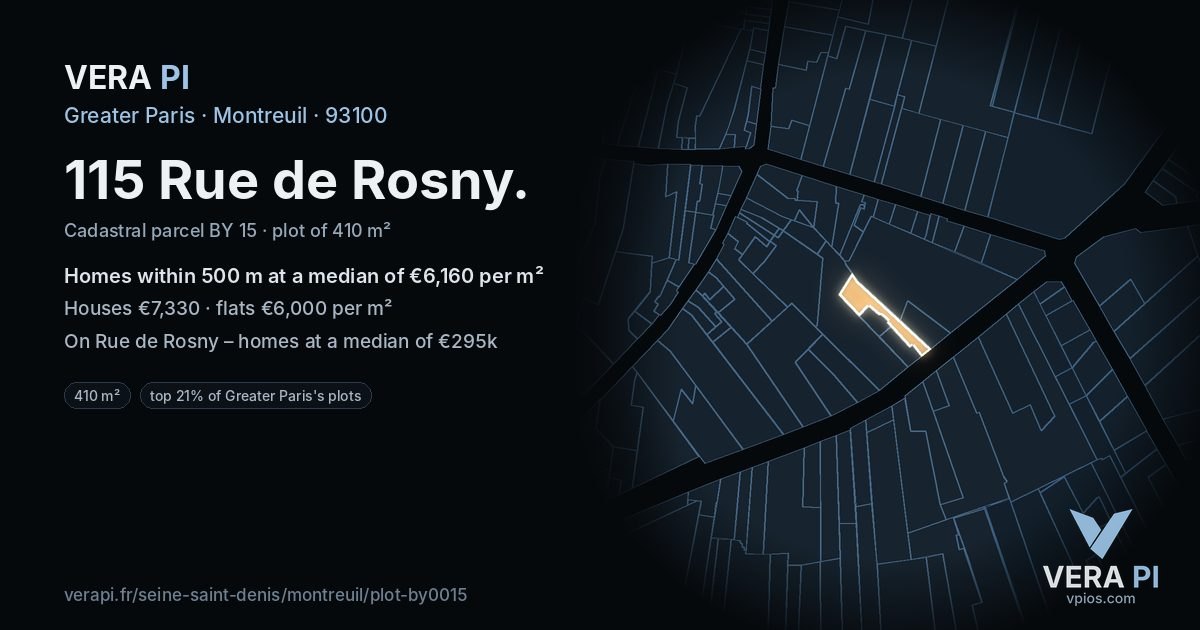 115 Rue de Rosny, Montreuil at night – the plot lit, the parcels around coloured by the prices near them