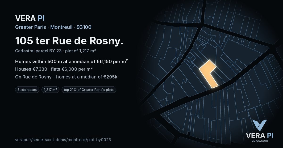 105 ter Rue de Rosny, Montreuil at night – the plot lit, the parcels around coloured by the prices near them