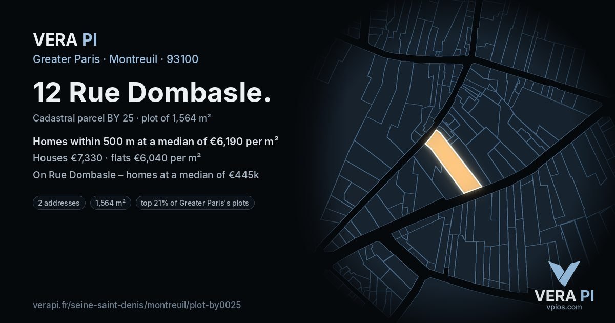 12 Rue Dombasle, Montreuil at night – the plot lit, the parcels around coloured by the prices near them