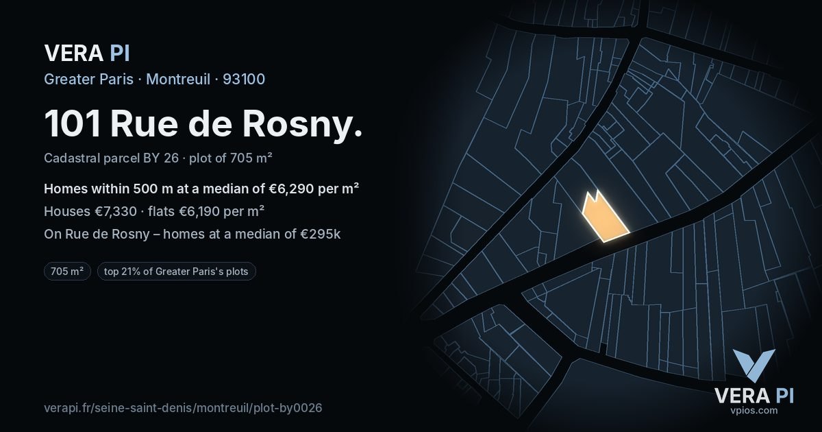 101 Rue de Rosny, Montreuil at night – the plot lit, the parcels around coloured by the prices near them