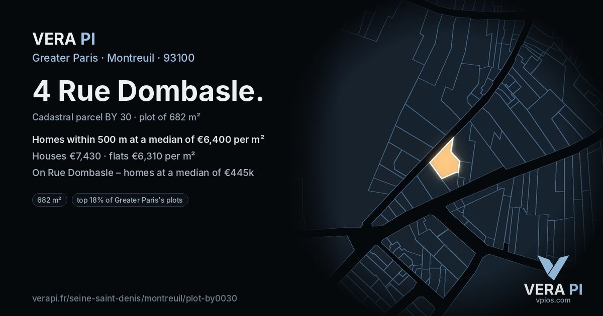 4 Rue Dombasle, Montreuil at night – the plot lit, the parcels around coloured by the prices near them