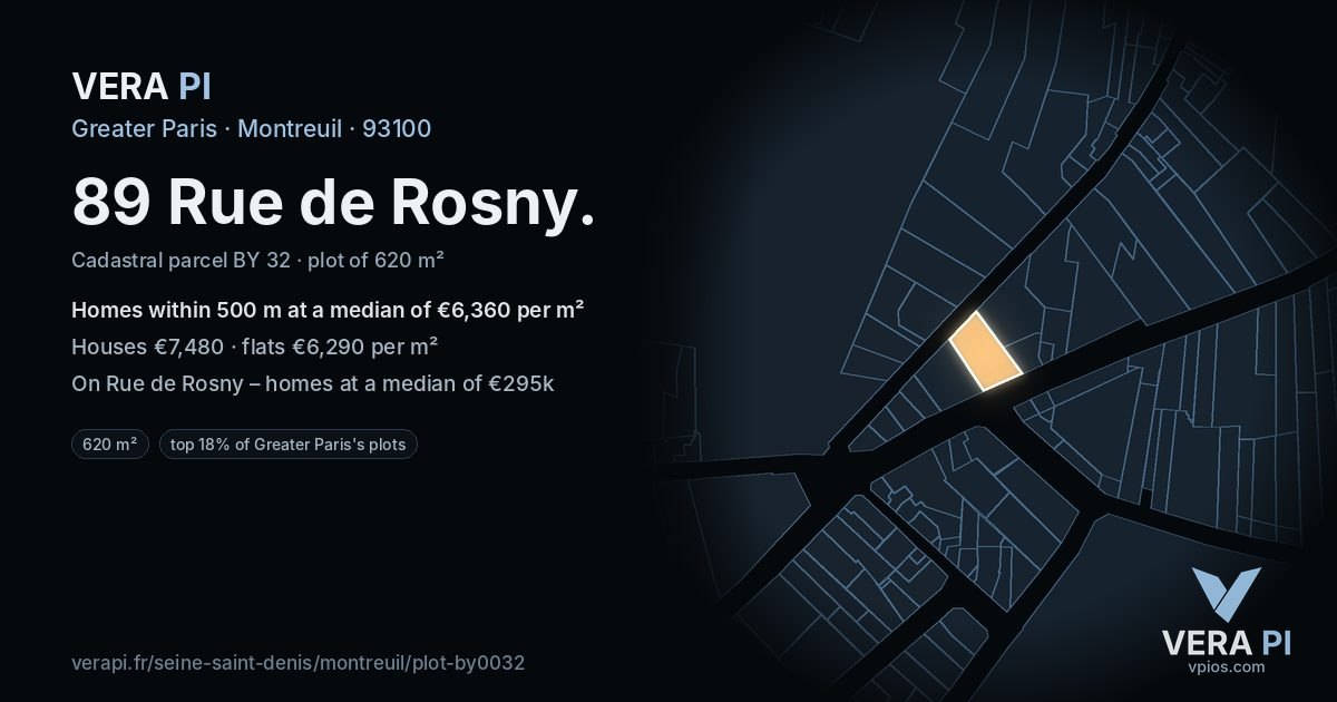 89 Rue de Rosny, Montreuil at night – the plot lit, the parcels around coloured by the prices near them