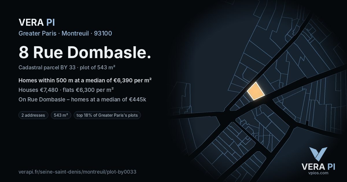 8 Rue Dombasle, Montreuil at night – the plot lit, the parcels around coloured by the prices near them