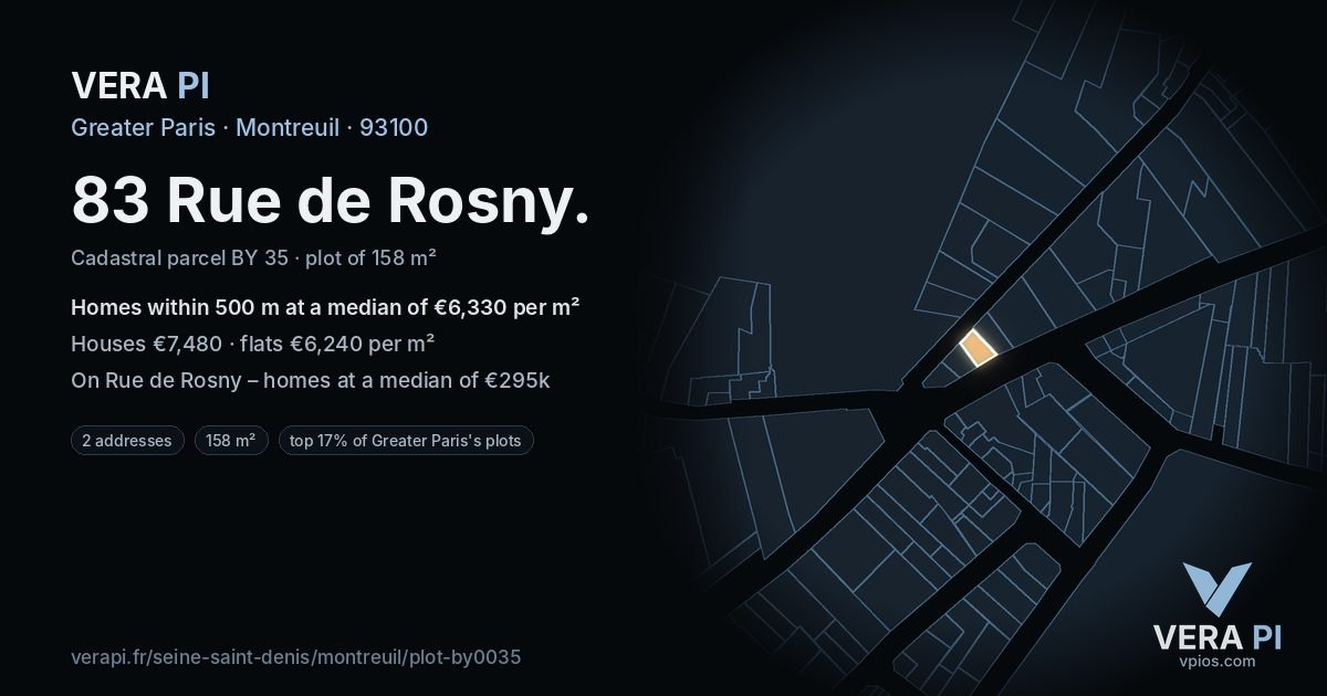 83 Rue de Rosny, Montreuil at night – the plot lit, the parcels around coloured by the prices near them