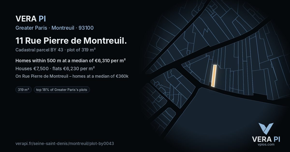 11 Rue Pierre de Montreuil, Montreuil at night – the plot lit, the parcels around coloured by the prices near them