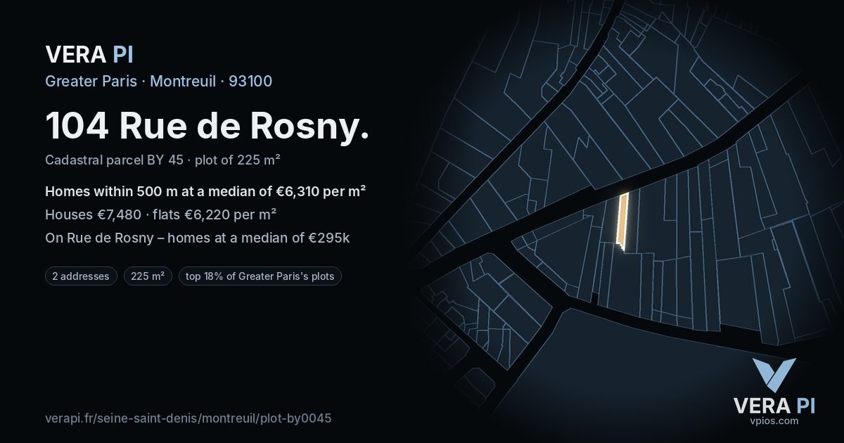 104 Rue de Rosny, Montreuil at night – the plot lit, the parcels around coloured by the prices near them
