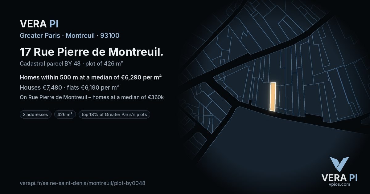 17 Rue Pierre de Montreuil, Montreuil at night – the plot lit, the parcels around coloured by the prices near them