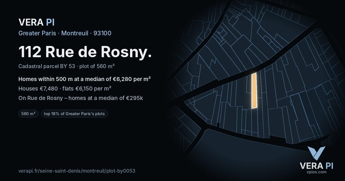 112 Rue de Rosny, Montreuil at night – the plot lit, the parcels around coloured by the prices near them