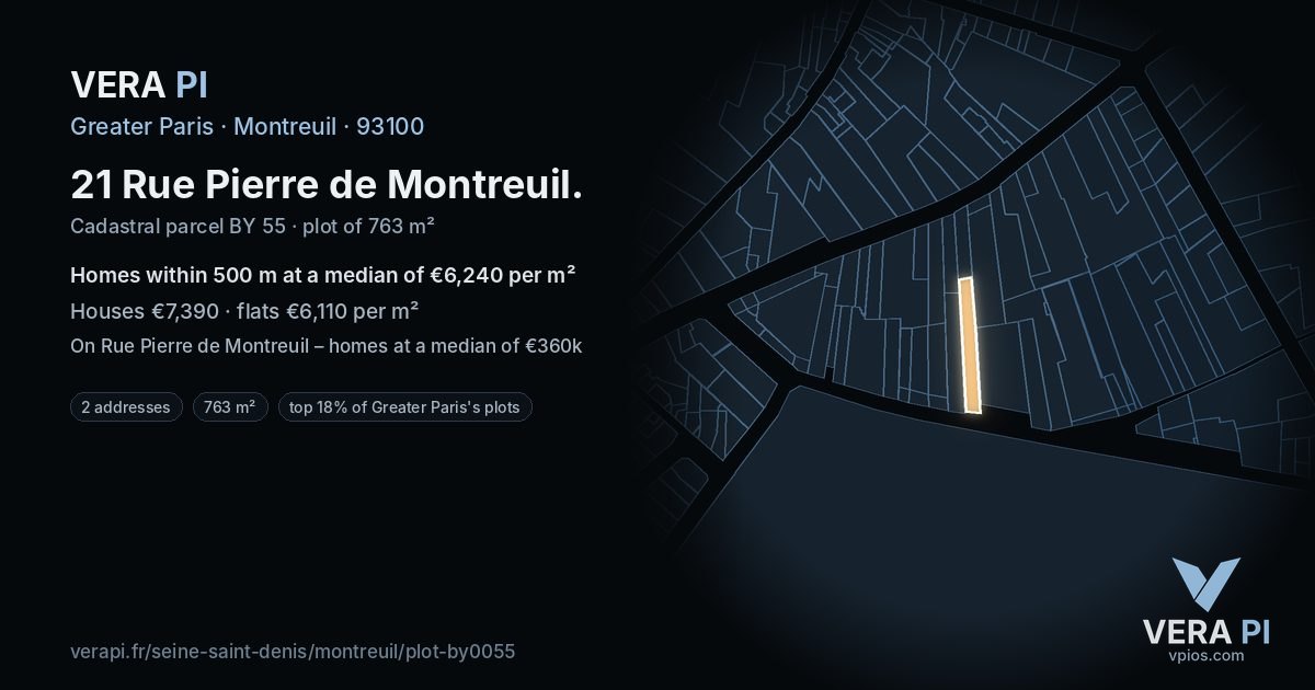 21 Rue Pierre de Montreuil, Montreuil at night – the plot lit, the parcels around coloured by the prices near them