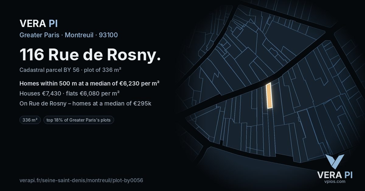 116 Rue de Rosny, Montreuil at night – the plot lit, the parcels around coloured by the prices near them