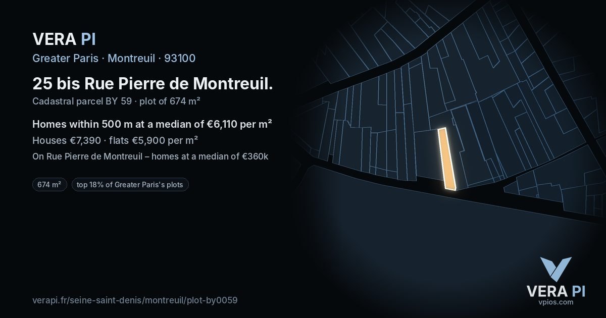 25 bis Rue Pierre de Montreuil, Montreuil at night – the plot lit, the parcels around coloured by the prices near them