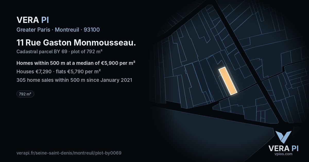 11 Rue Gaston Monmousseau, Montreuil at night – the plot lit, the parcels around coloured by the prices near them
