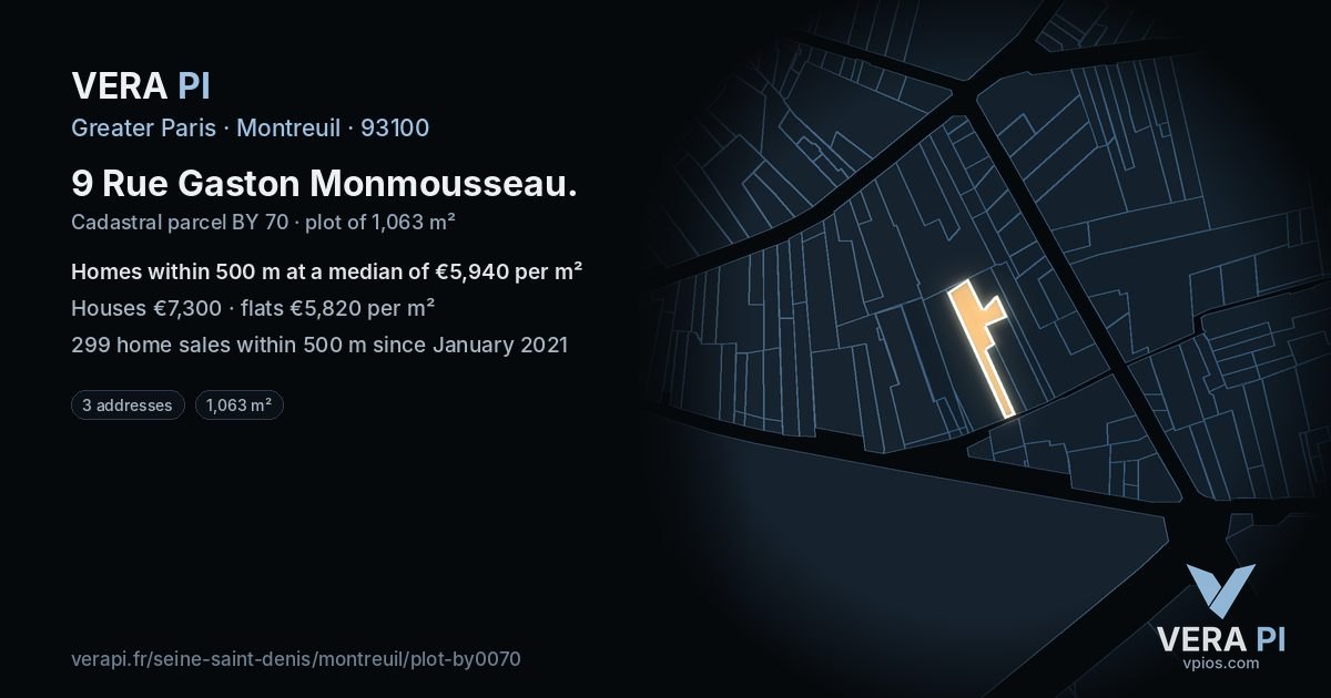 9 Rue Gaston Monmousseau, Montreuil at night – the plot lit, the parcels around coloured by the prices near them