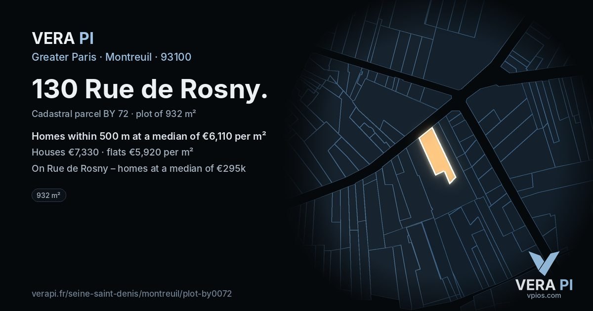 130 Rue de Rosny, Montreuil at night – the plot lit, the parcels around coloured by the prices near them