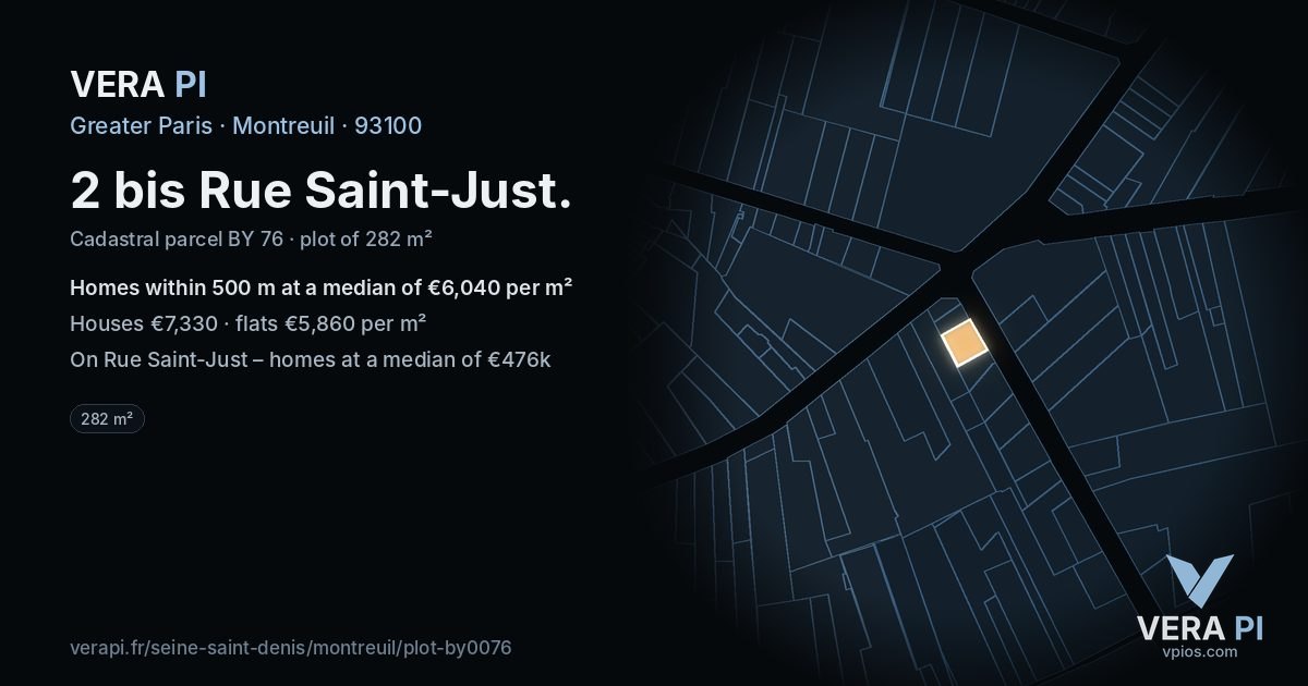 2 bis Rue Saint-Just, Montreuil at night – the plot lit, the parcels around coloured by the prices near them