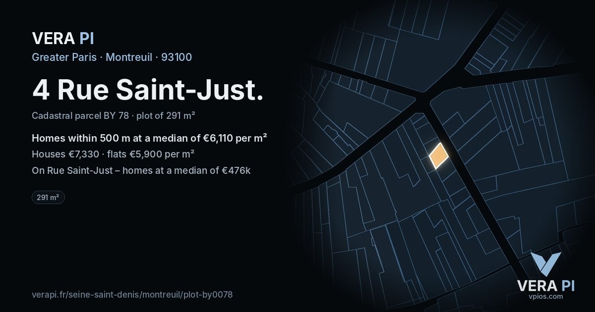 4 Rue Saint-Just, Montreuil at night – the plot lit, the parcels around coloured by the prices near them