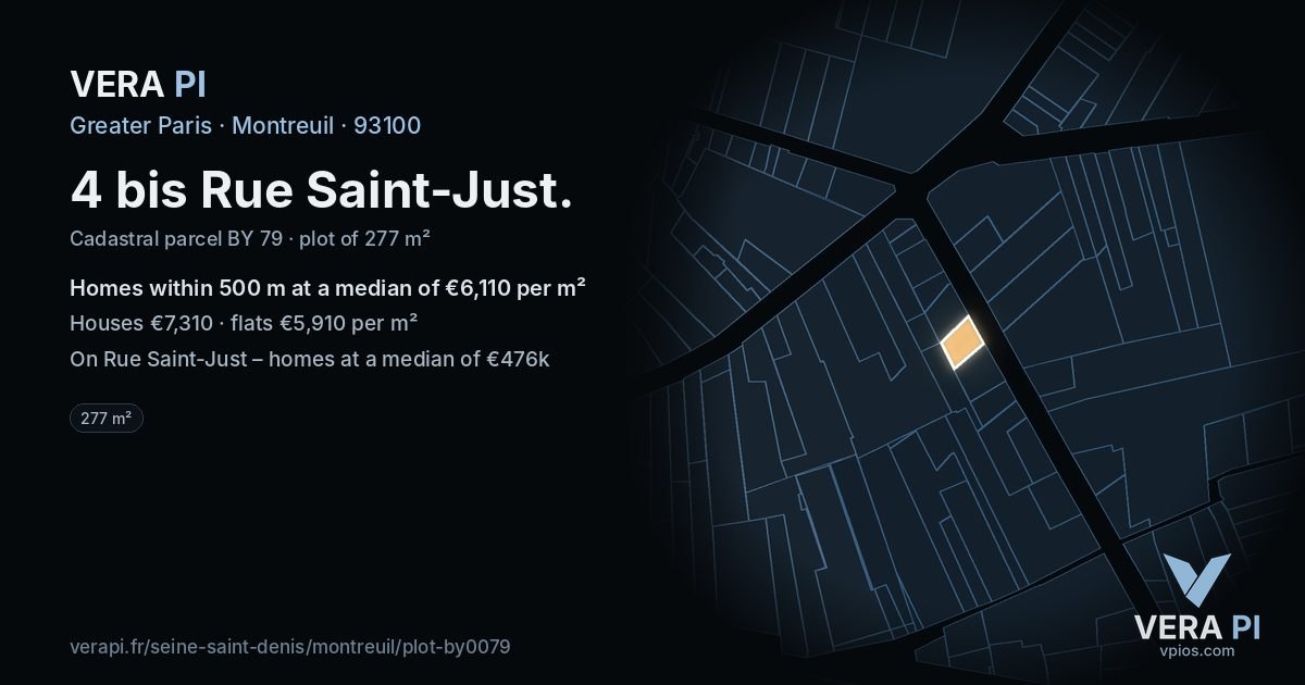 4 bis Rue Saint-Just, Montreuil at night – the plot lit, the parcels around coloured by the prices near them